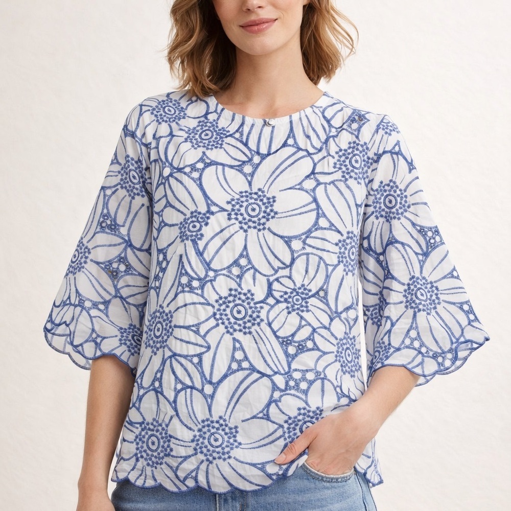 Elegant Blue and White Floral Blouse